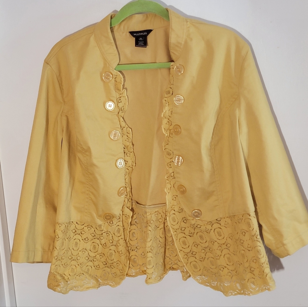 Multiples Yellow Lace-Trim Button Front Blazer